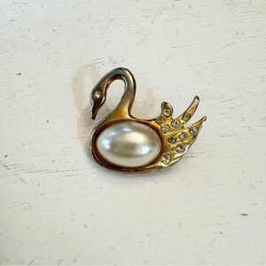 Vintage Faux Pearl And Rhinestone Swan Brooch Pin